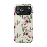 Viola iPhone case featuring a floral design with pink and purple flowers on a cream background.