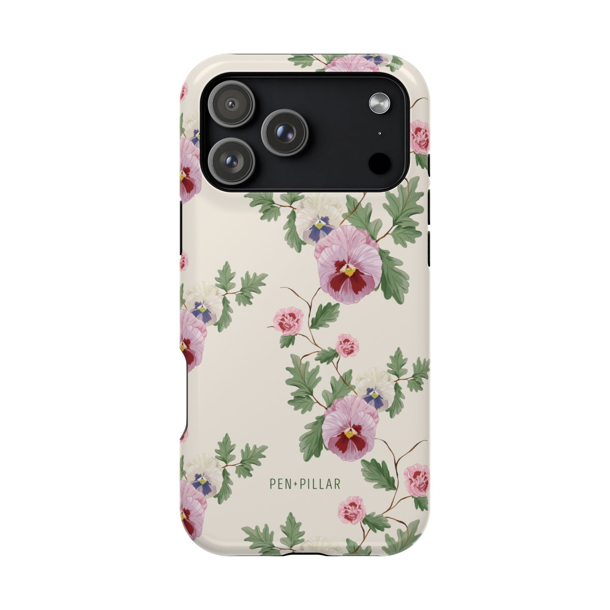 Viola iPhone case featuring a floral design with pink and purple flowers on a cream background.