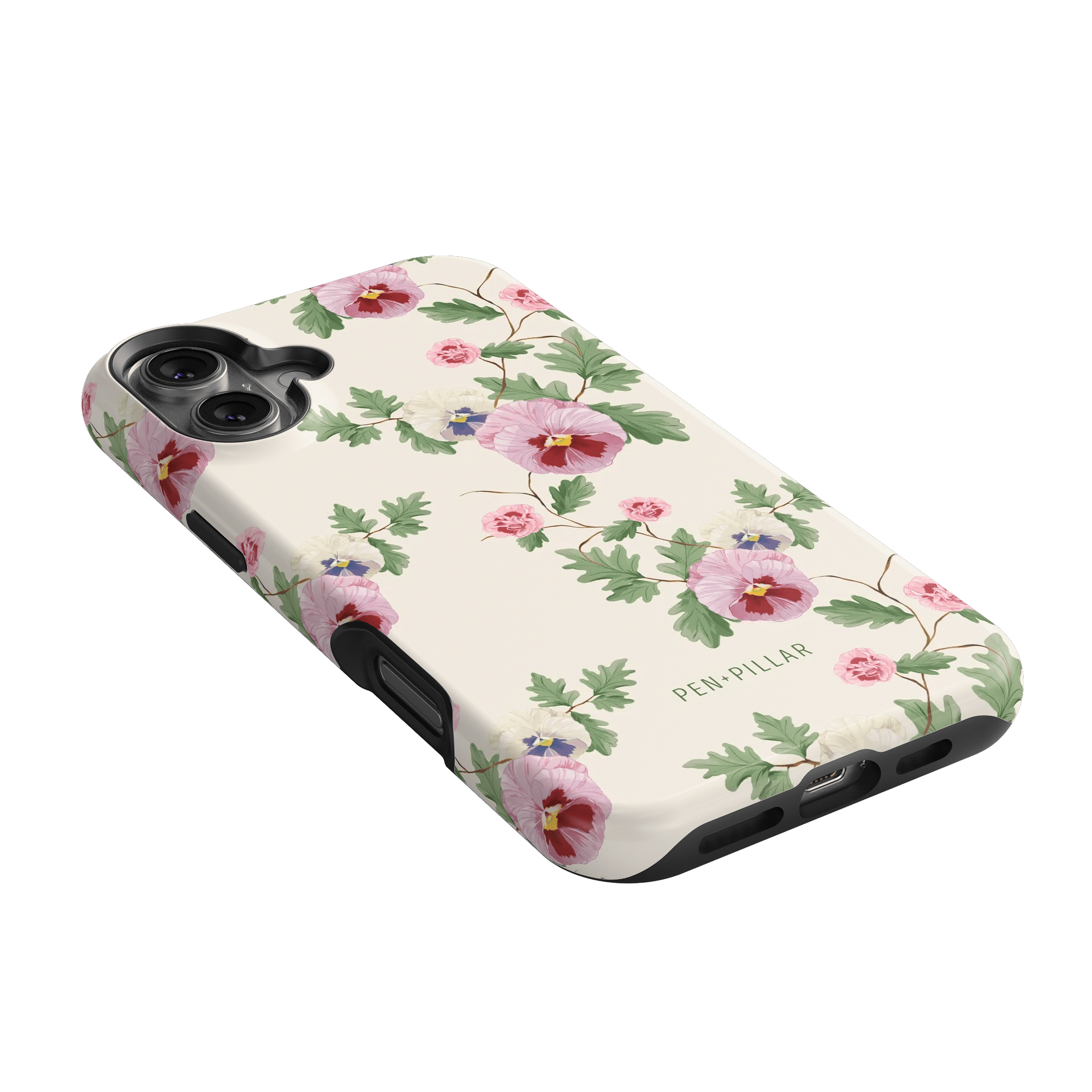 Viola iPhone case featuring a floral design with pink and purple flowers on a cream background.