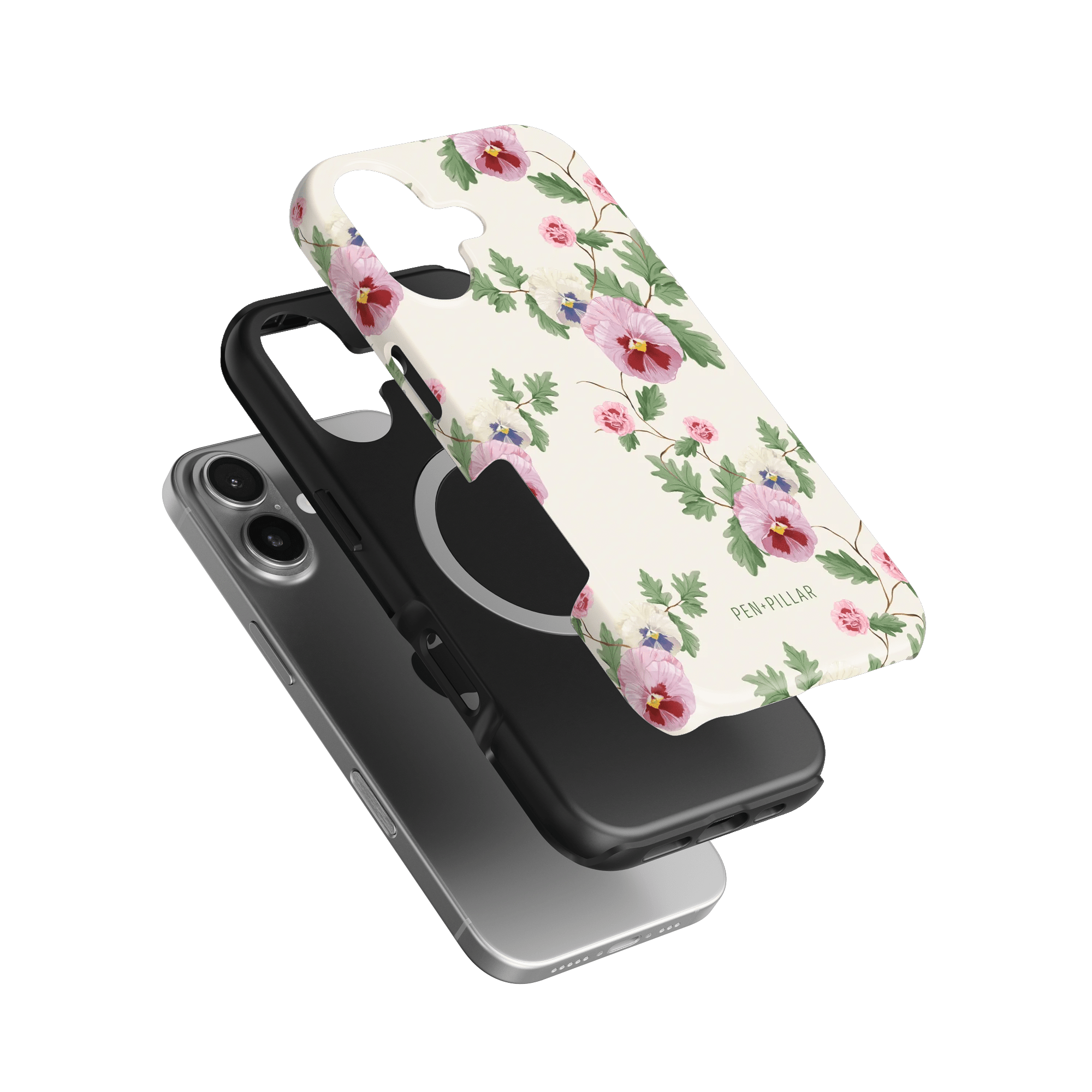 Viola iPhone case featuring a floral design with pink and purple flowers on a cream background, layered over a black case.