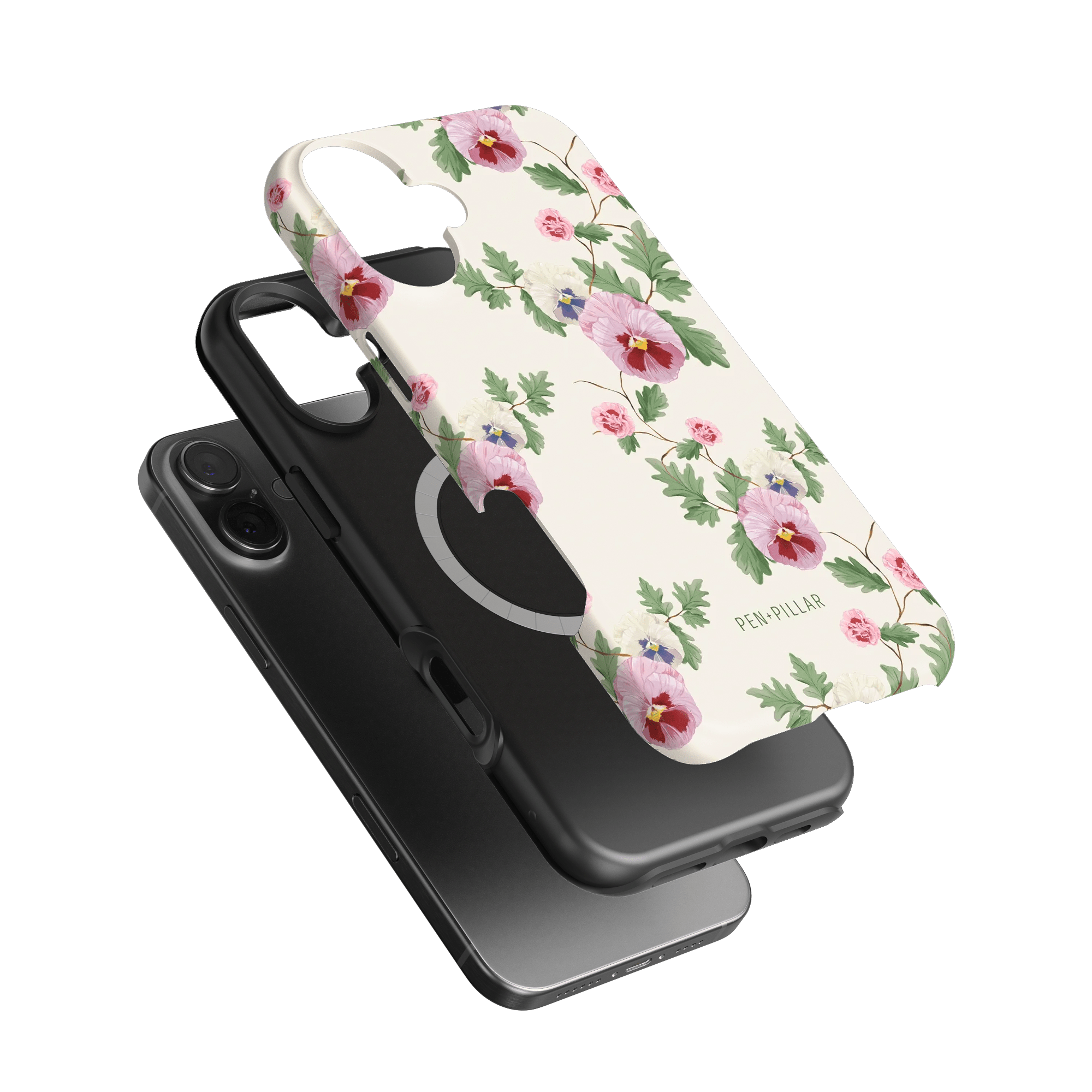 Viola iPhone case featuring a floral design with pink and purple flowers on a white background, layered over a black case.
