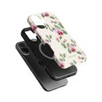 Viola iPhone case featuring a floral design with purple and pink flowers on a cream background, stacked with a black case.