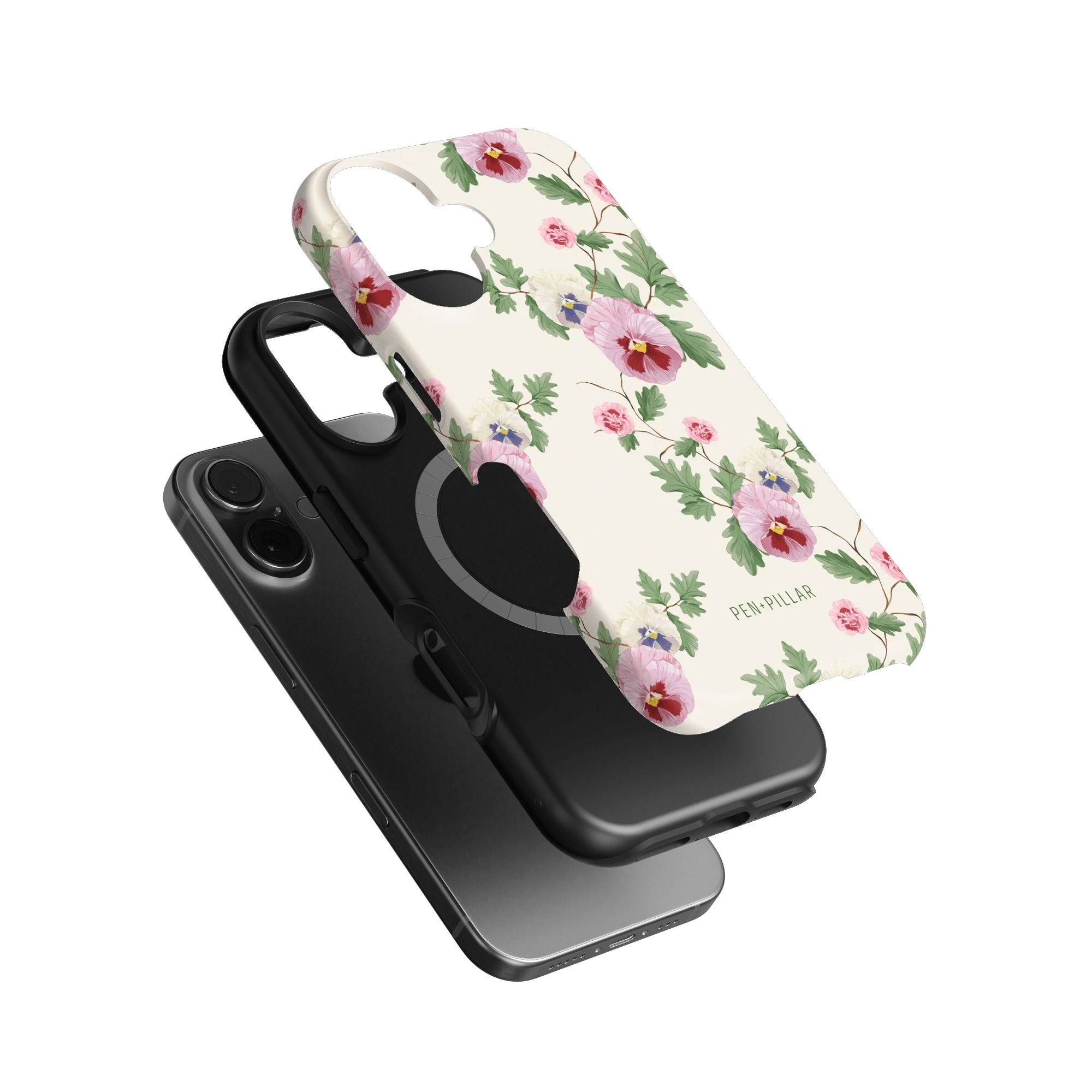 Viola iPhone case featuring a floral design with purple and pink flowers on a cream background, stacked with a black case.