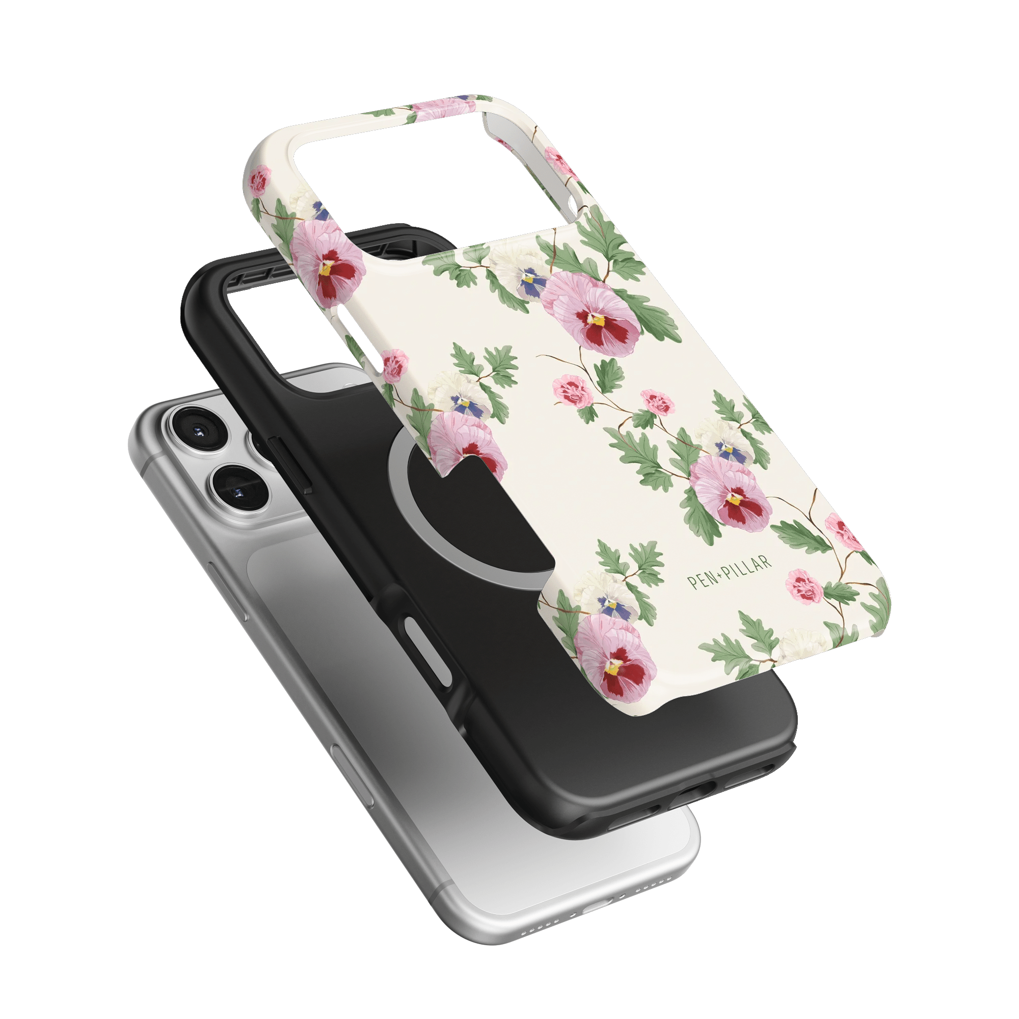 Viola iPhone case featuring a floral design with pink and purple flowers on a white background, layered over a black case.