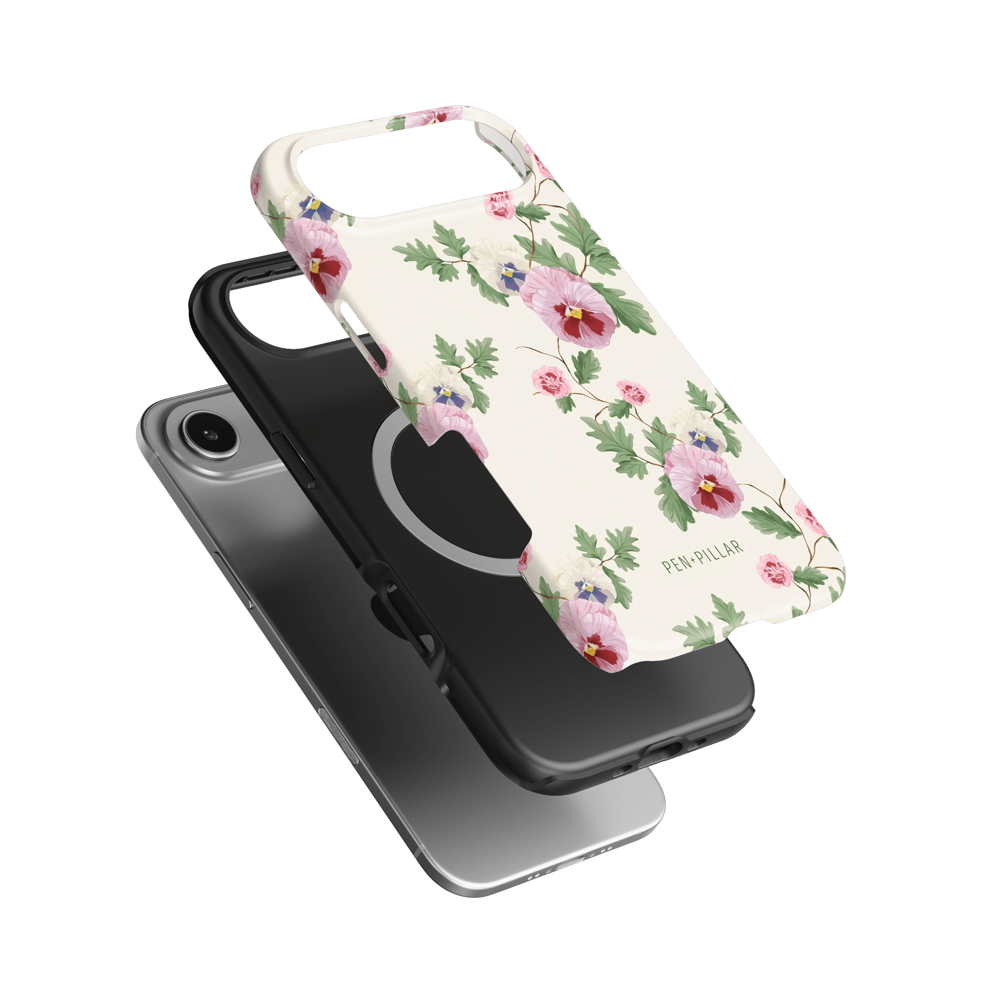 Viola iPhone case featuring a floral design with pink and purple flowers on a white background, shown from multiple angles.