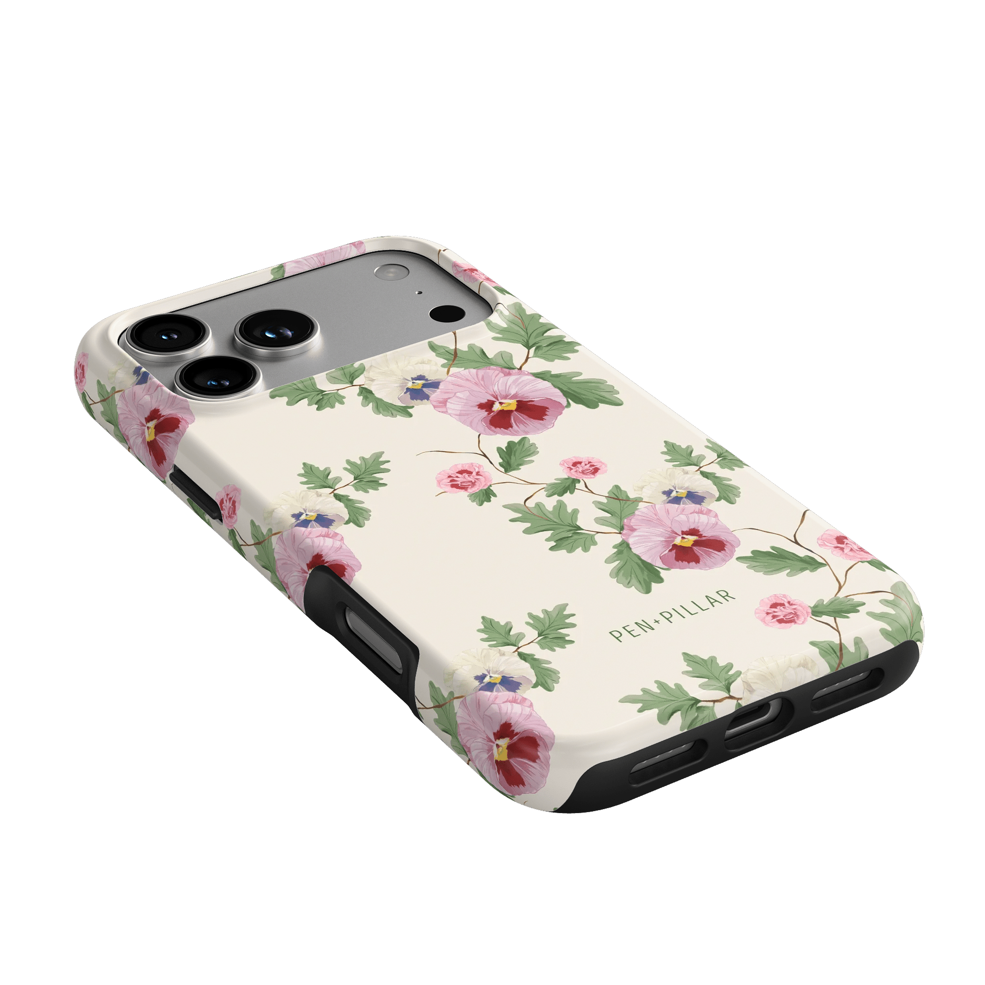 Viola iPhone case featuring a floral design with pink and red flowers on a cream background, angled view.