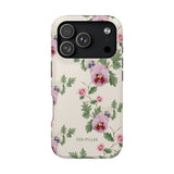 Viola iPhone case featuring a floral design with pink and purple flowers on a cream background.