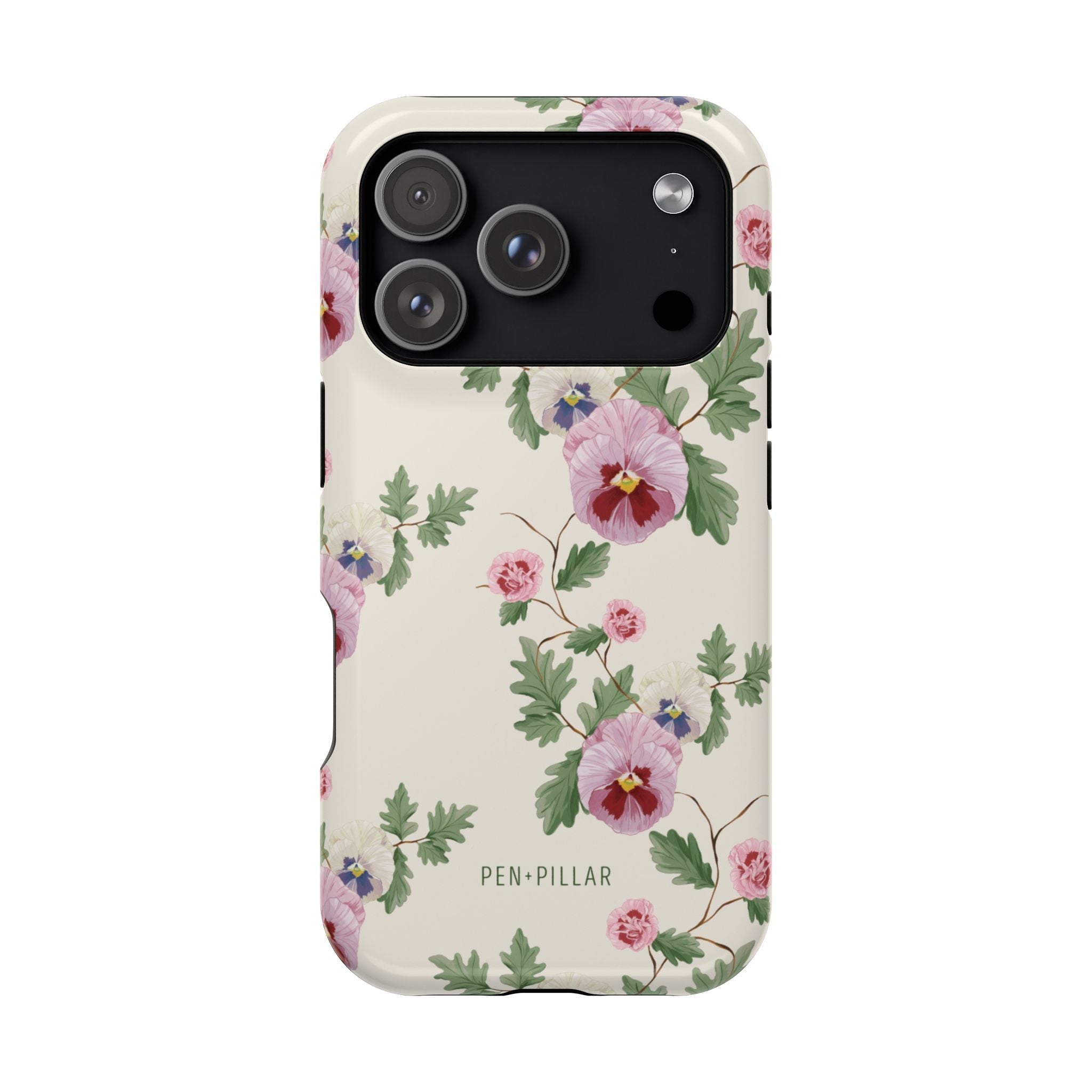 Viola iPhone case featuring a floral design with pink and purple flowers on a cream background.