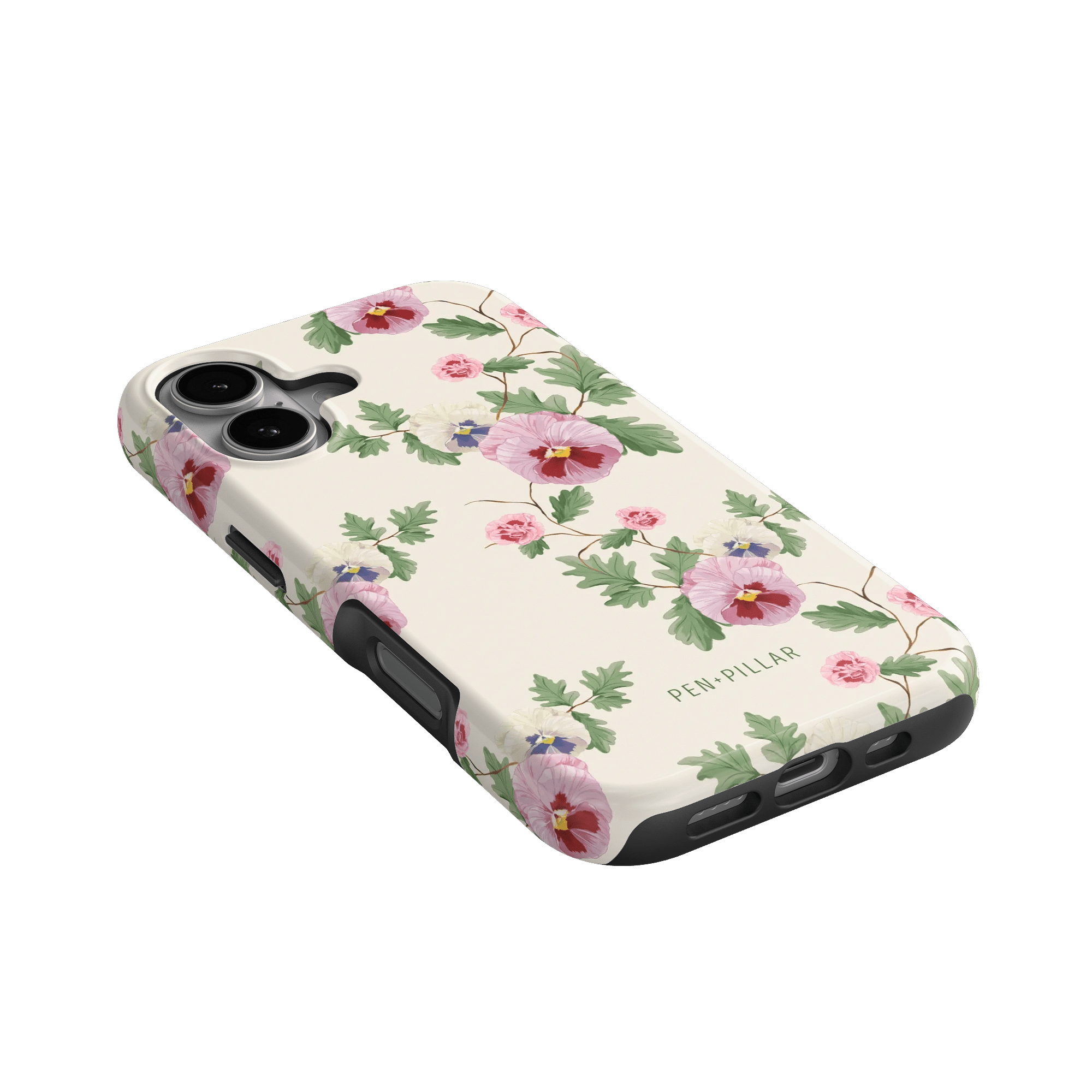 Viola iPhone case featuring a floral design with pink and purple flowers on a cream background.