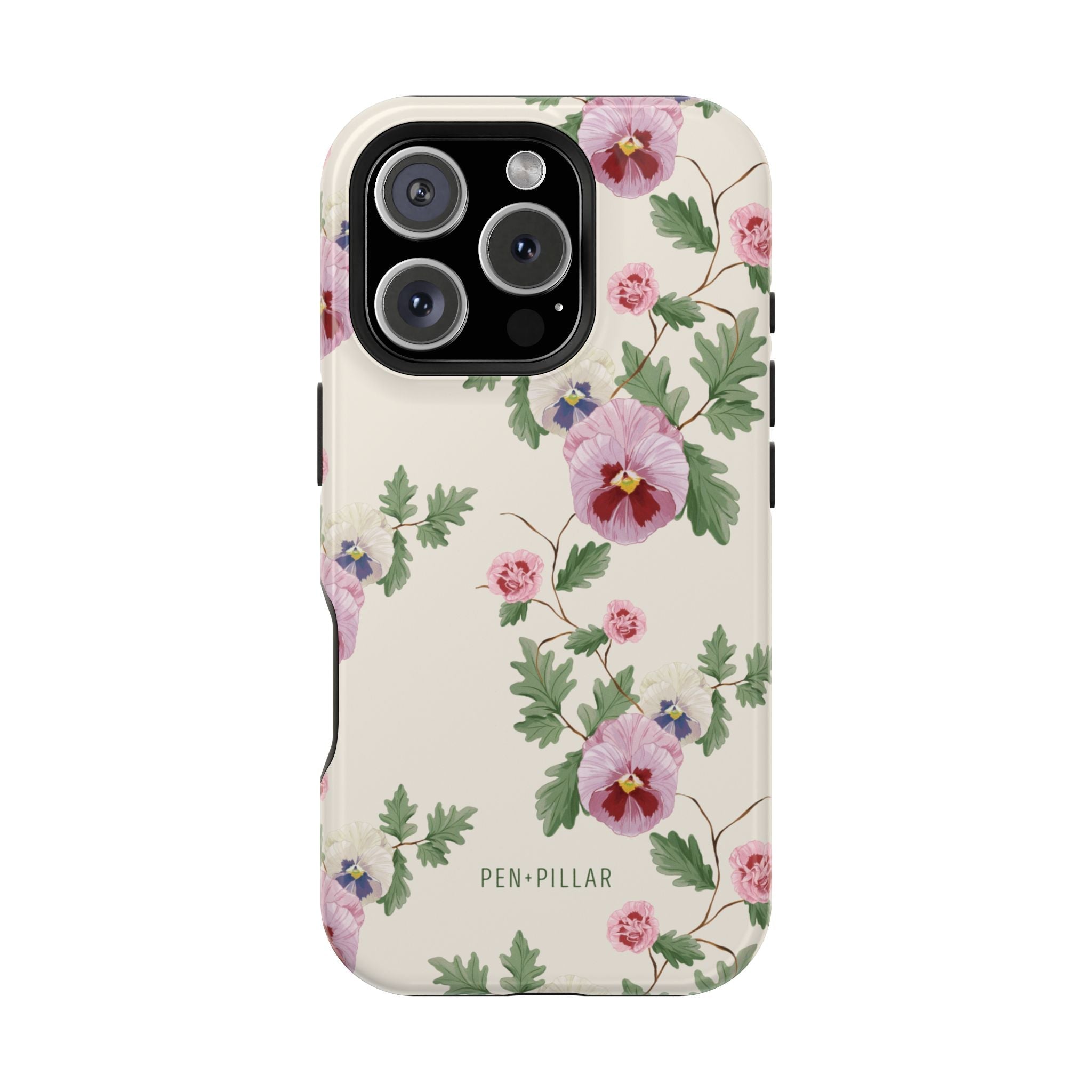 Viola iPhone case featuring a floral design with pink and purple flowers on a cream background.