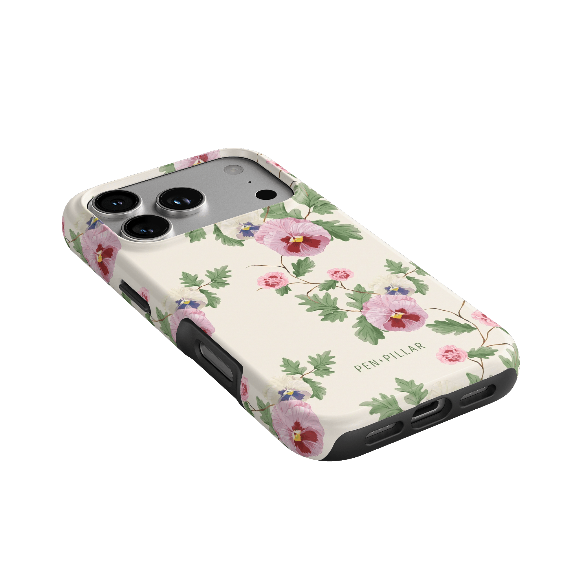 Viola iPhone case featuring a floral design with pink and green accents on a light background.