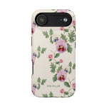 Viola iPhone case featuring a floral design with pink and purple flowers on a cream background.