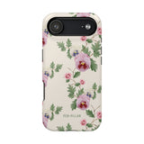 Viola iPhone case featuring a floral design with pink and purple flowers on a cream background.
