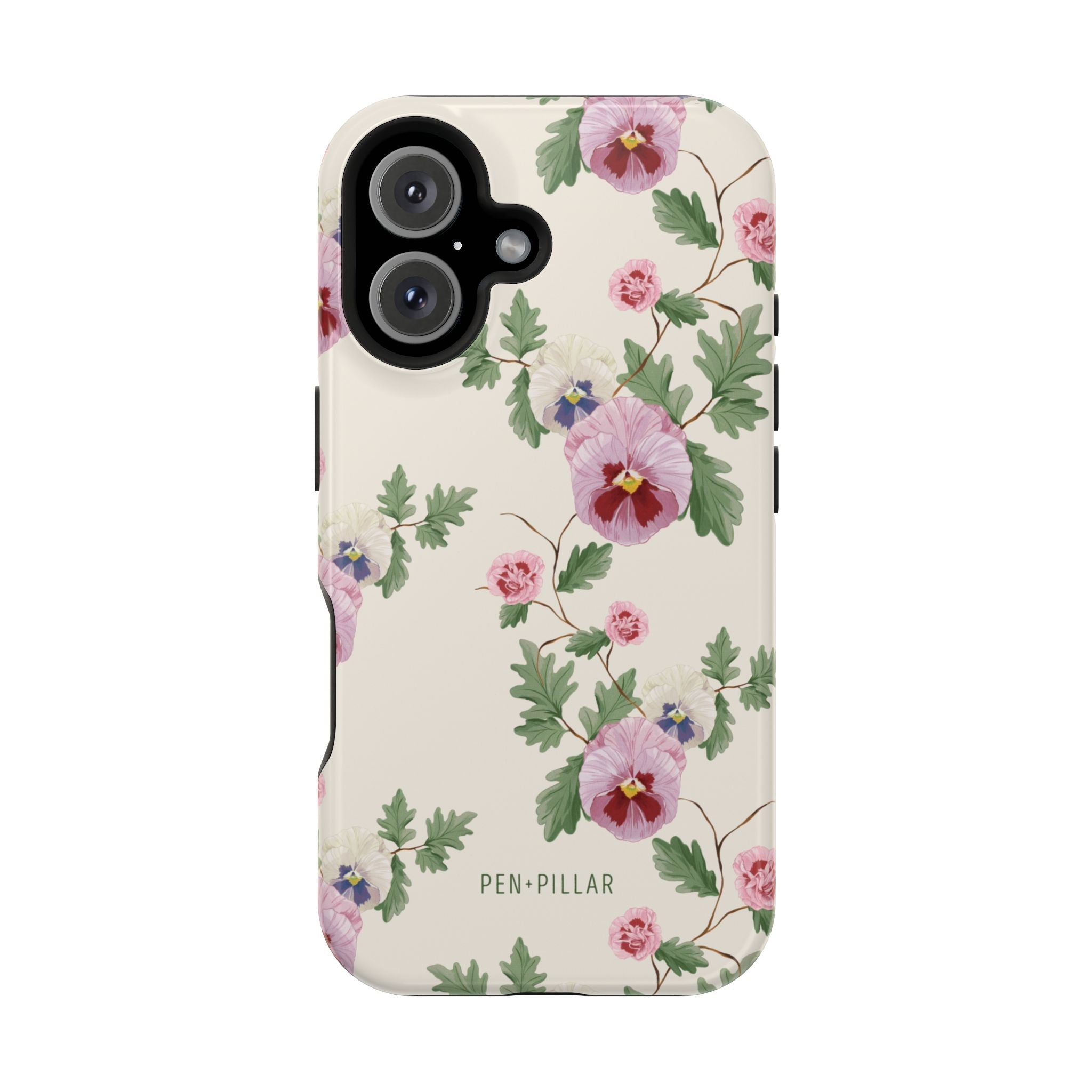 Viola iPhone case featuring a floral design with pink and purple flowers on a cream background.