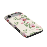 Viola iPhone case featuring a floral design with pink and purple flowers on a cream background.