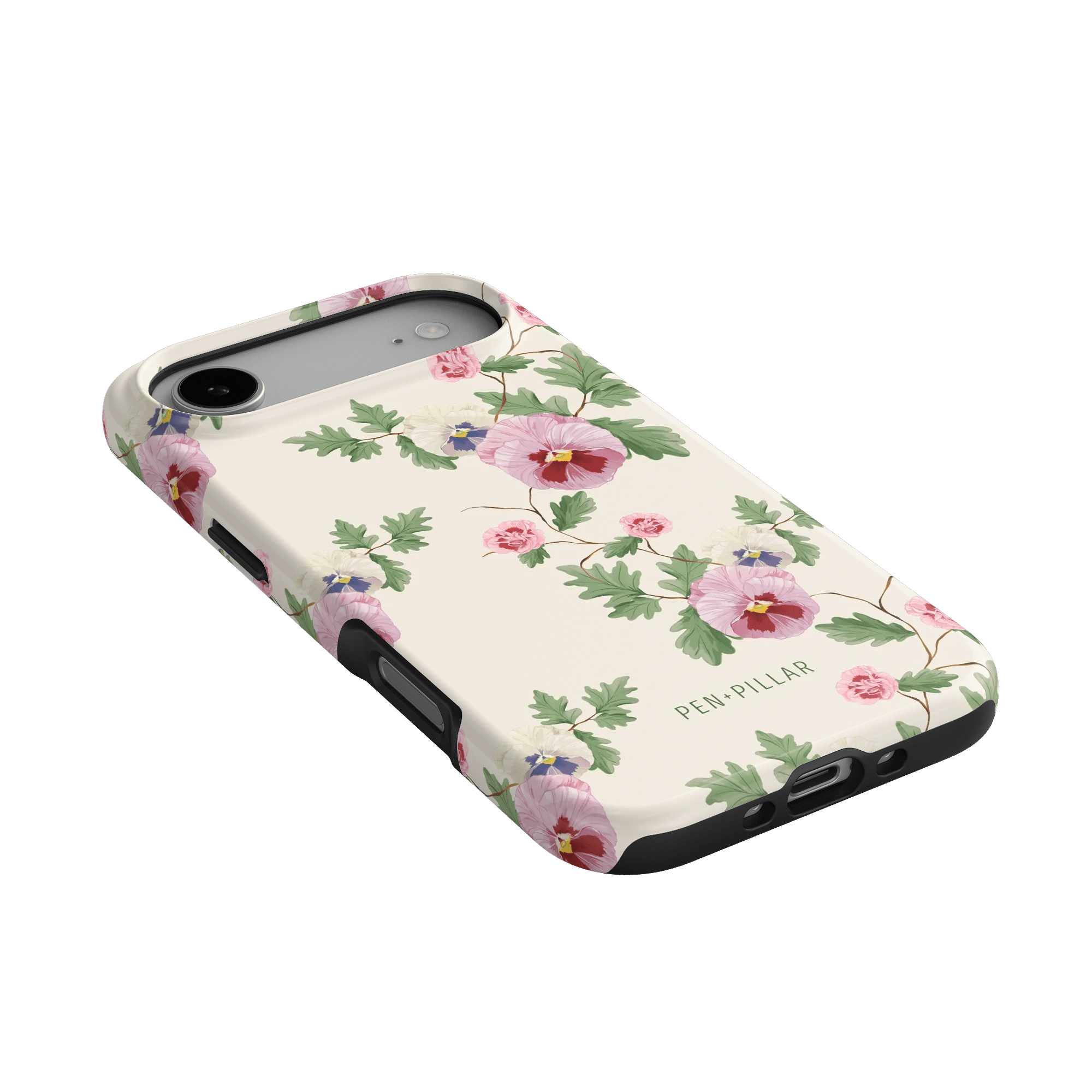 Viola iPhone case featuring a floral design with pink and purple flowers on a cream background.