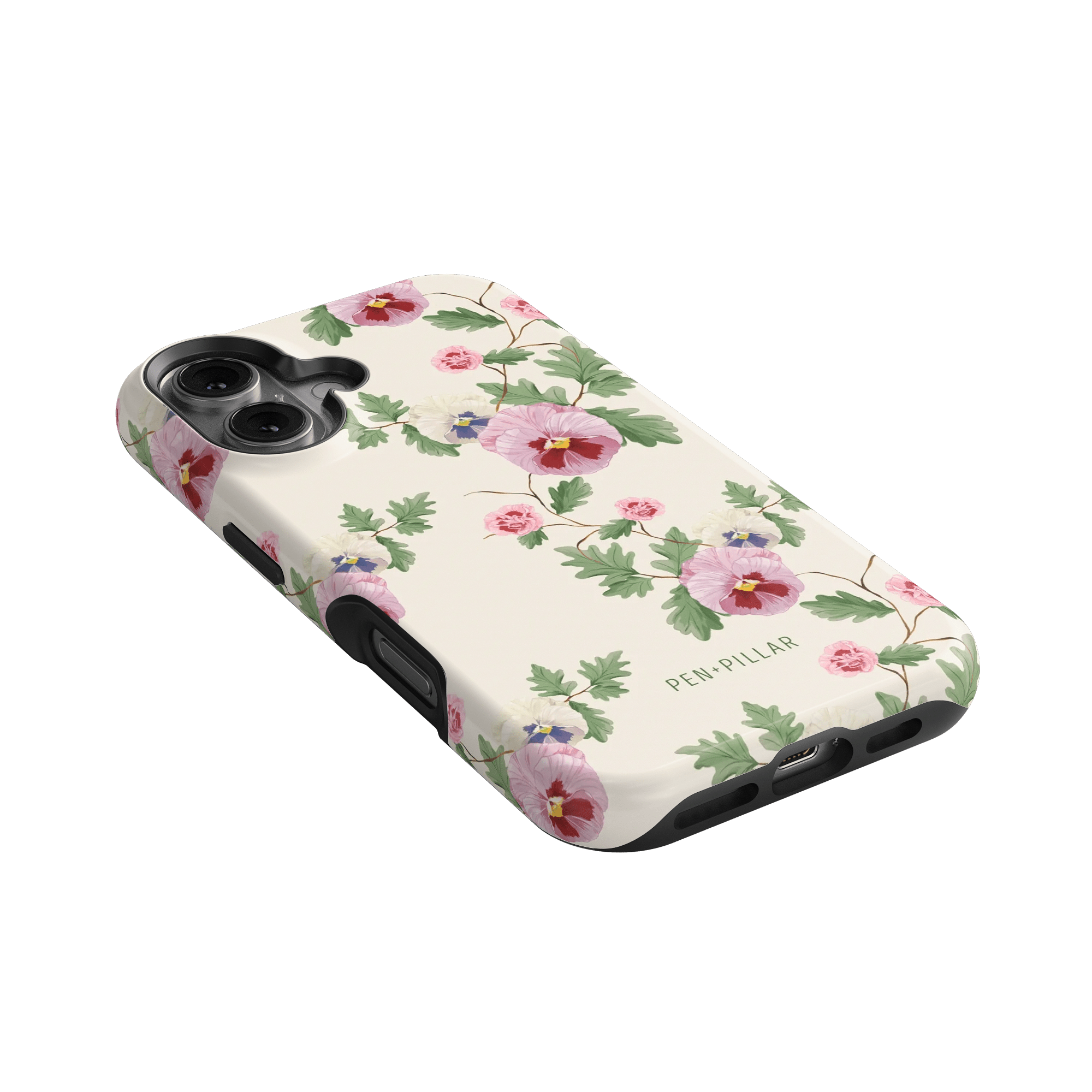 Viola iPhone case featuring a floral design with pink and purple flowers on a cream background.