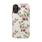 Viola iPhone case featuring a floral design with pink and purple flowers on a cream background.