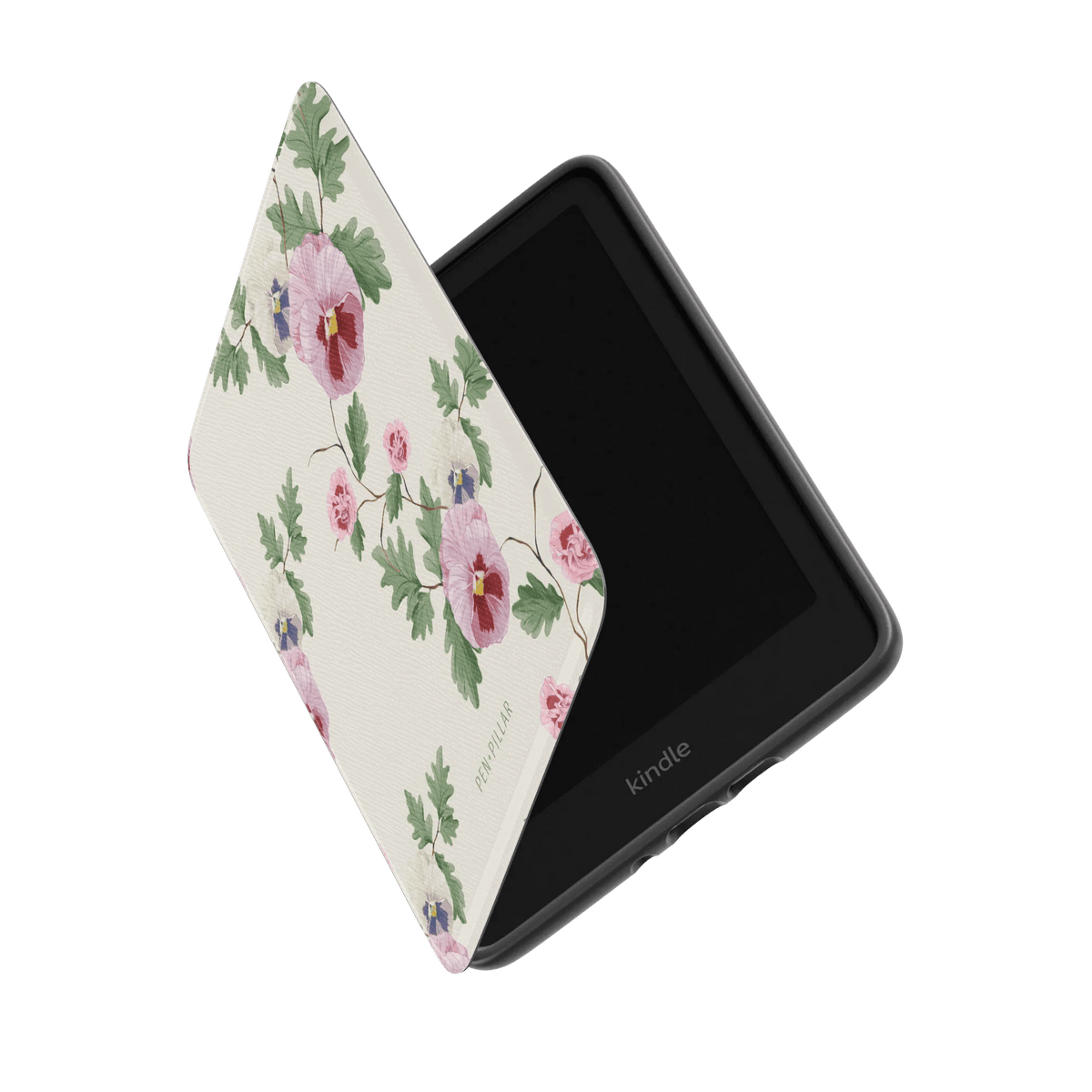 Viola Kindle case with a floral design, featuring pink and purple flowers on a cream background, partially open.