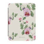 Viola Kindle case featuring a floral design with pink pansies and green leaves on a cream background.