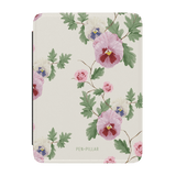 Viola Kindle case featuring a floral design with pink pansies and green leaves on a cream background.