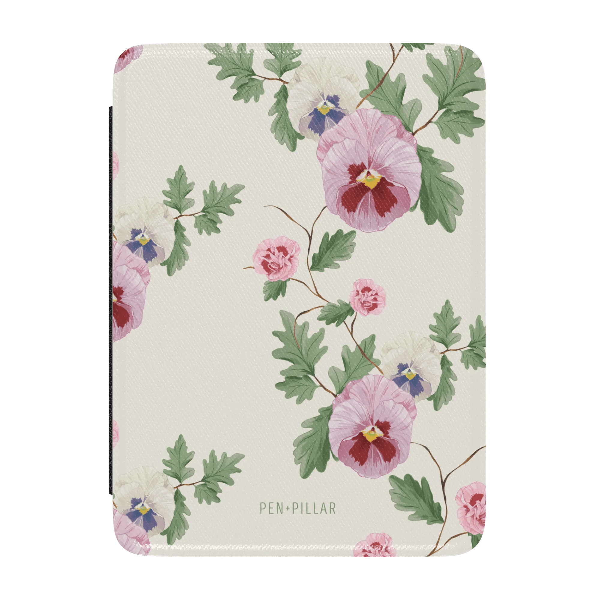 Viola Kindle case featuring a floral design with pink pansies and green leaves on a cream background.
