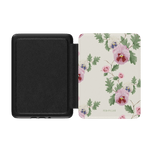 Viola Kindle case featuring a floral design with pink and purple flowers on a cream background, open view showing interior.