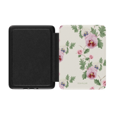 Viola Kindle case featuring a floral design with pink and purple flowers on a cream background, open view showing interior.