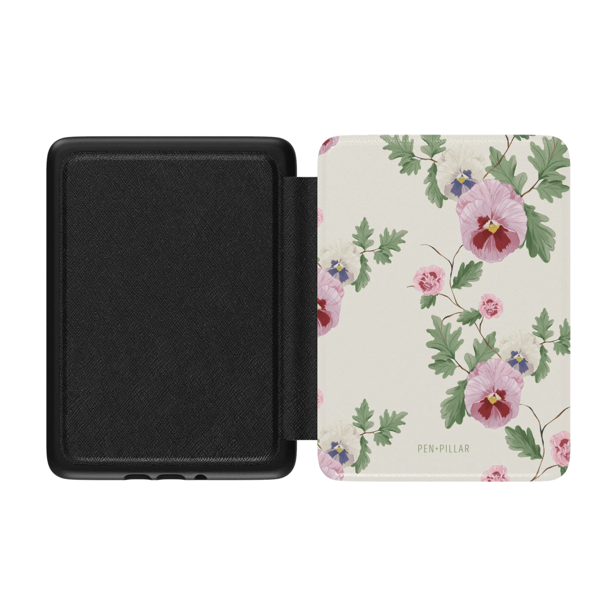 Viola Kindle case featuring a floral design with pink and purple flowers on a cream background, open view showing interior.