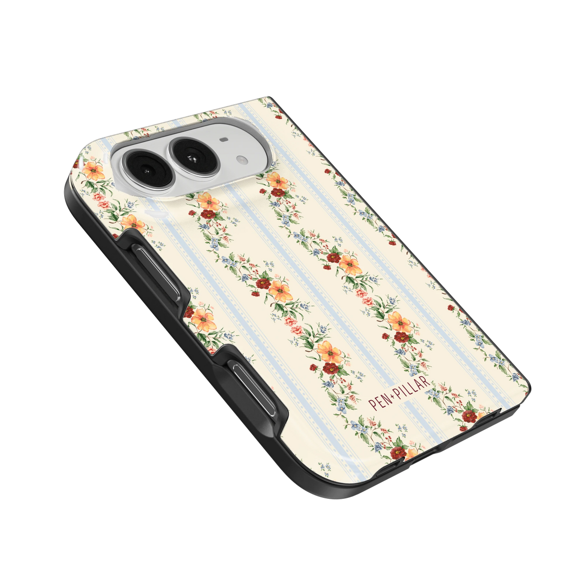 Wallflower iPhone 18 Duo case, angled view showing the camera surround and side buttons