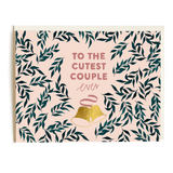 Wedding bells card featuring gold bells and green leaves on a pink background with the text "To the cutest couple ever.