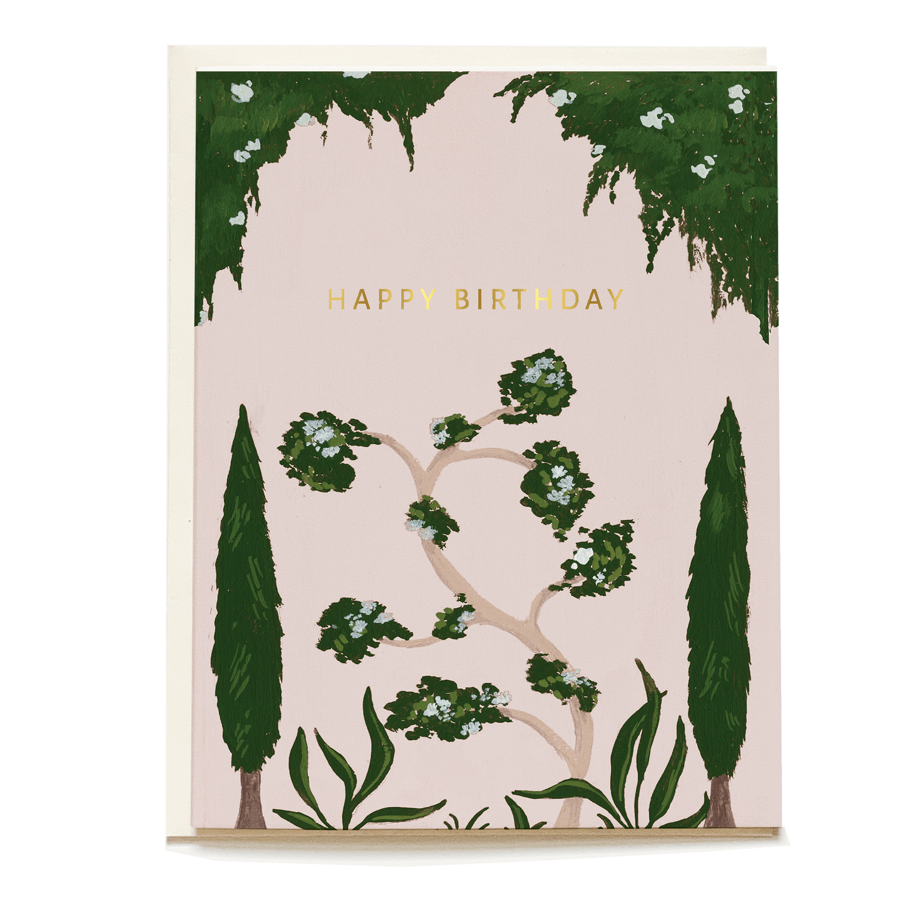 Whimsical birthday card featuring green foliage and a pink background with "Happy Birthday" in gold lettering.