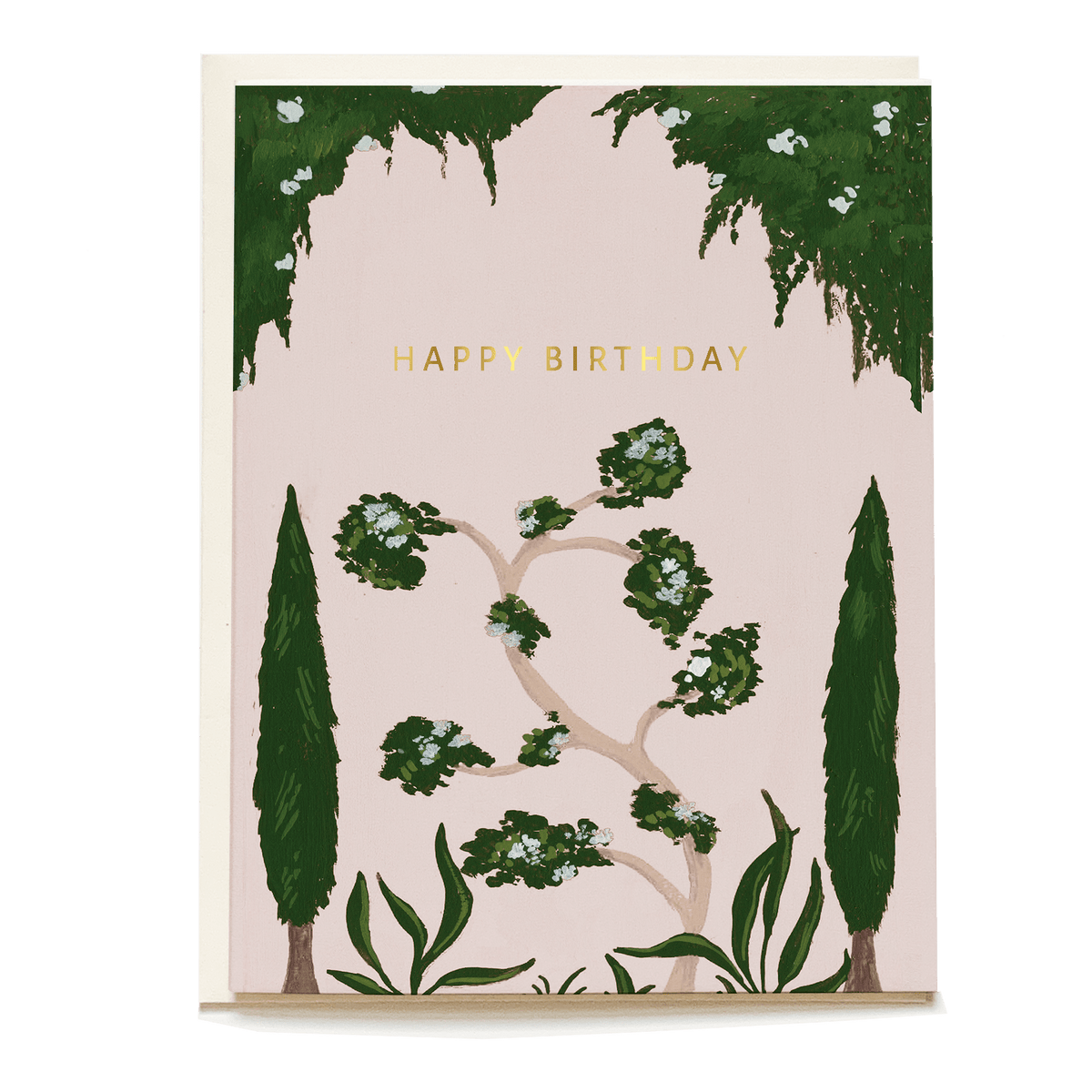 Whimsical birthday card featuring green foliage and a pink background with "Happy Birthday" in gold lettering.
