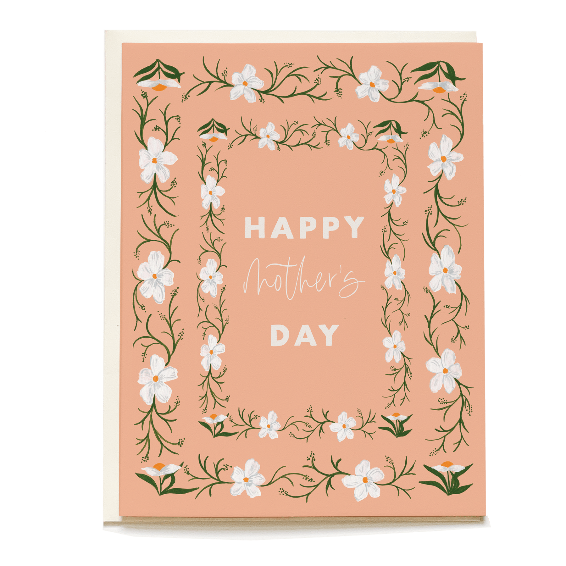 White poppy Mother's Day card featuring floral border and "Happy Mother's Day" text on a peach background.