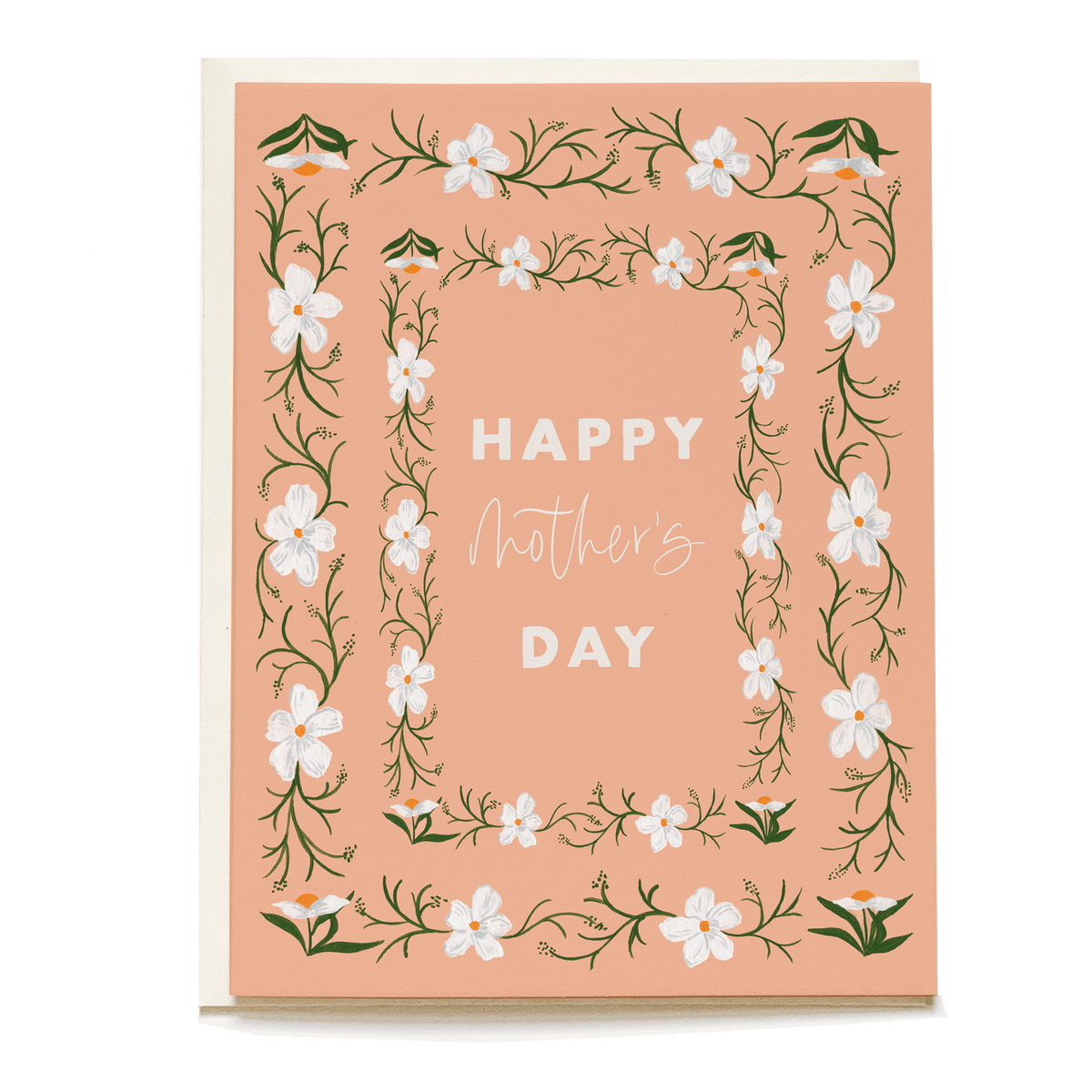 White poppy Mother's Day card featuring floral border and "Happy Mother's Day" text on a peach background.