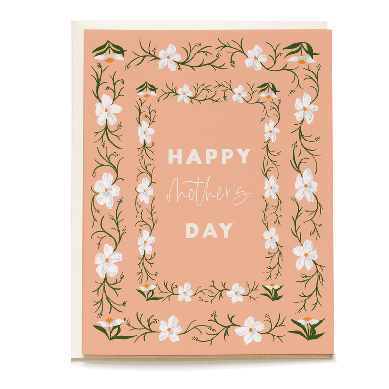 White poppy Mother's Day card featuring floral border and "Happy Mother's Day" text on a peach background.
