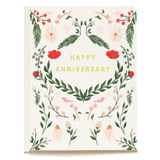 Wild Meadow Anniversary Card featuring floral designs and the text "Happy Anniversary" in yellow.
