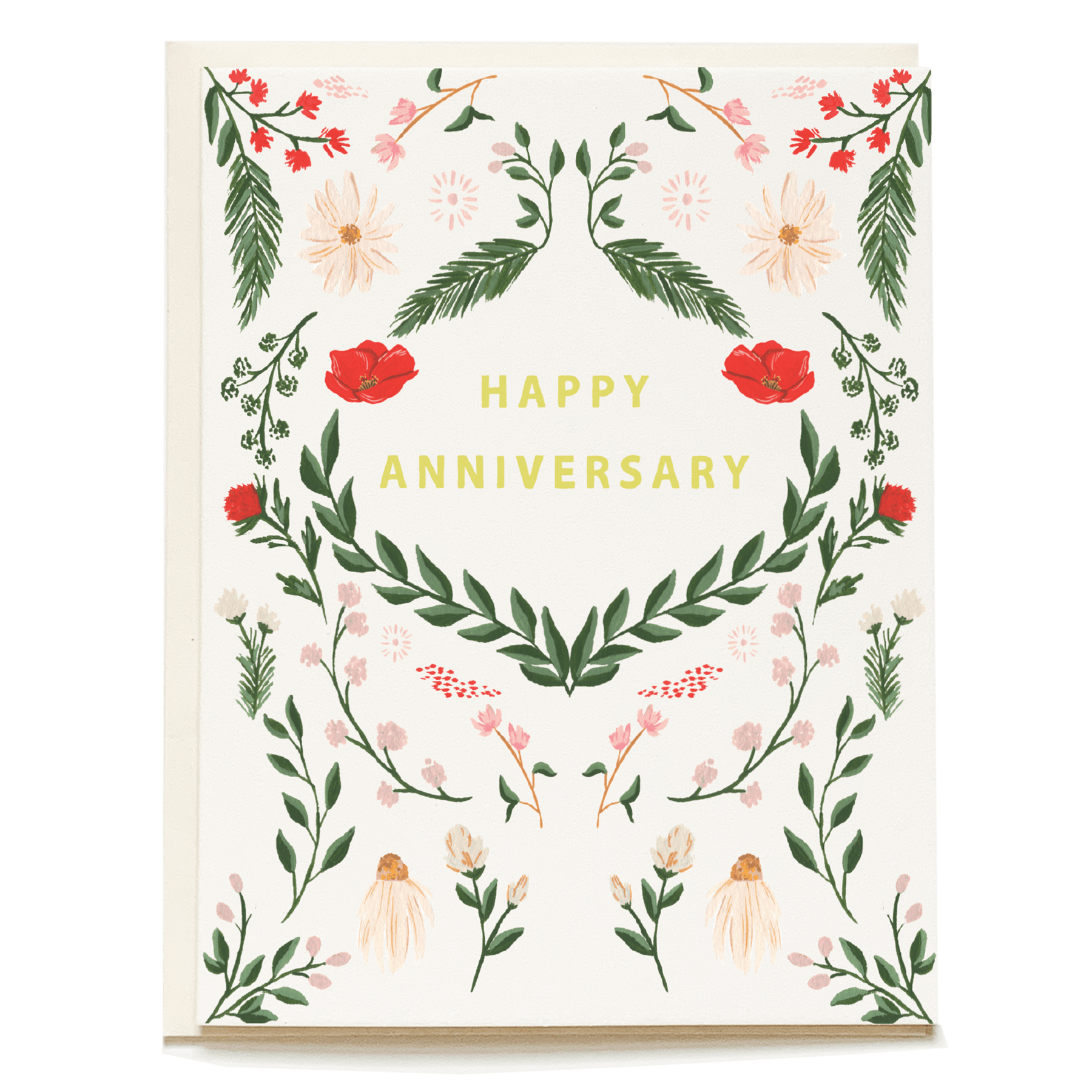 Wild Meadow Anniversary Card featuring floral designs and the text "Happy Anniversary" in yellow.