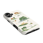 Willow iPhone case featuring a nature-themed design with trees, animals, and a lake on a white background.