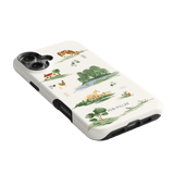 Willow iPhone case featuring a nature-themed design with trees, animals, and a lake on a white background.