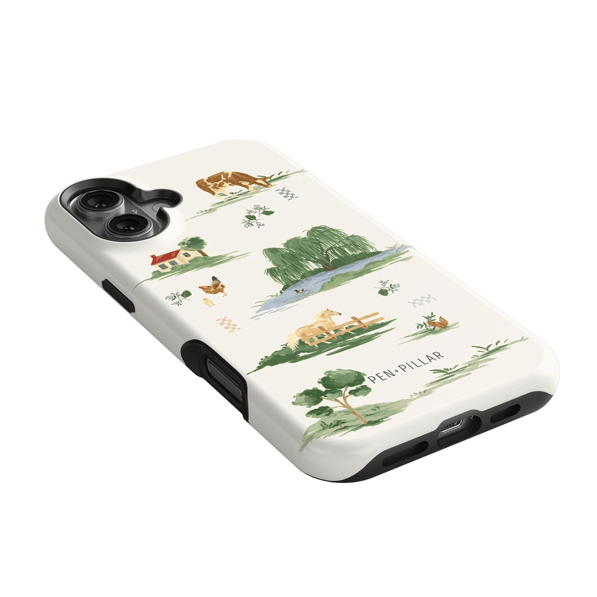 Willow iPhone case featuring a nature-themed design with trees, animals, and a lake on a white background.