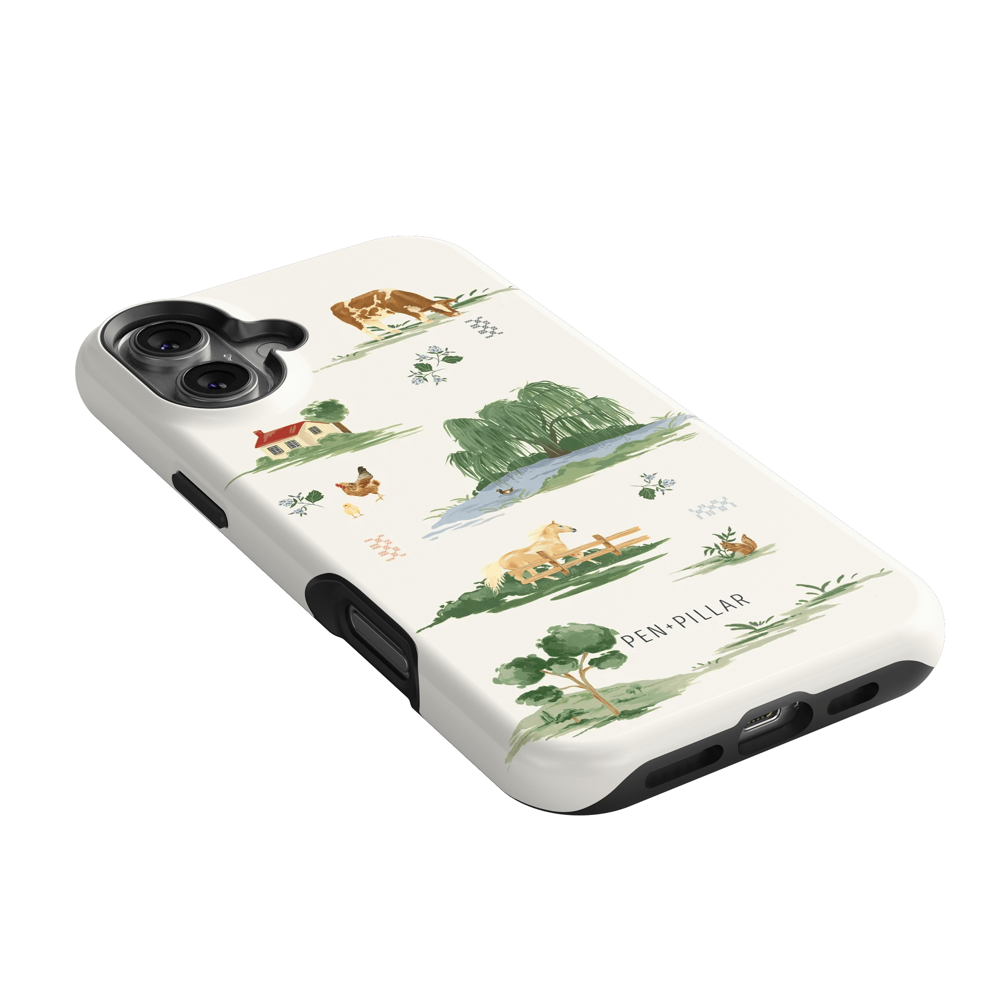 Willow iPhone case featuring a nature-themed design with trees, animals, and a lake on a white background.