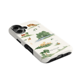 Willow iPhone case featuring a nature-themed design with trees, animals, and landscapes in green and beige colors.