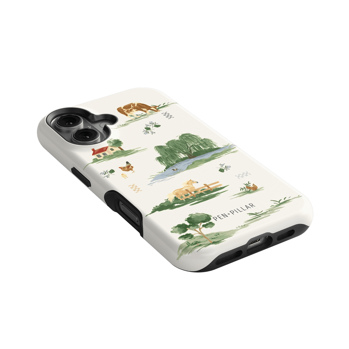 Willow iPhone case featuring a nature-themed design with trees, animals, and landscapes in green and beige colors.