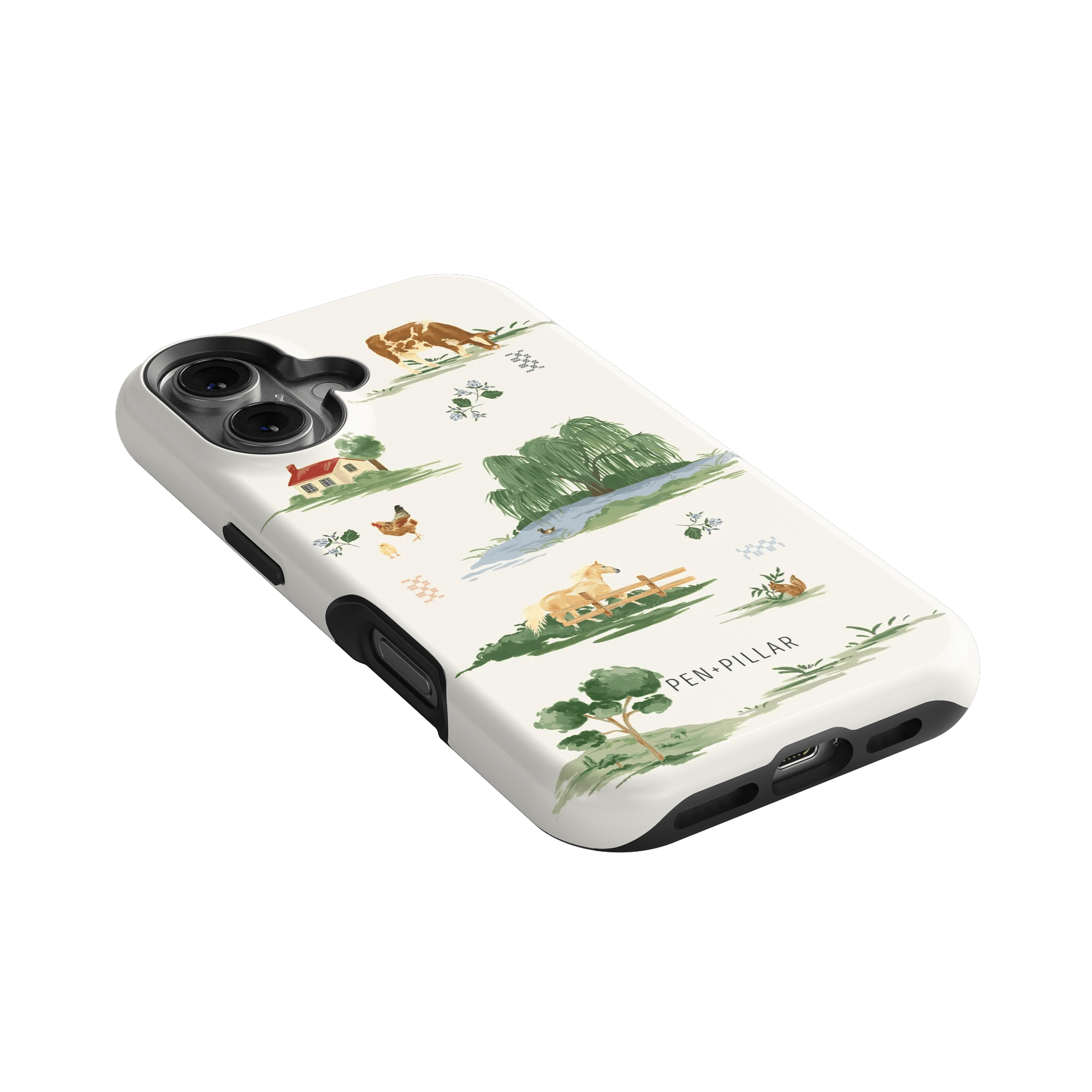 Willow iPhone case featuring a nature-themed design with trees, animals, and landscapes in green and beige colors.