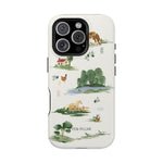 Willow iPhone case featuring a nature design with animals, a house, and trees on a light background.