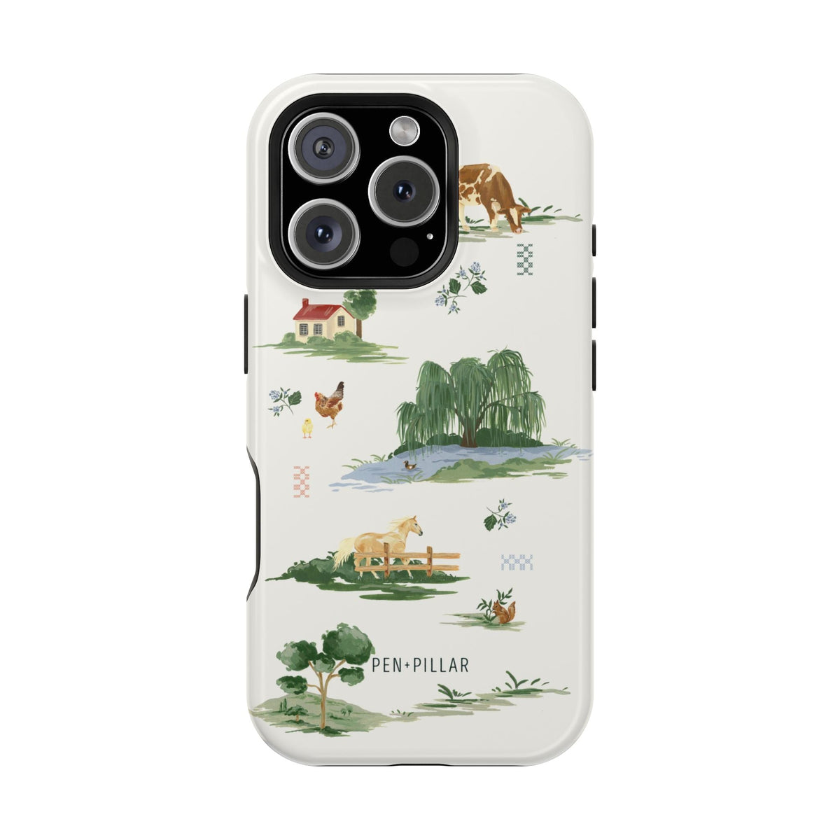 Willow iPhone case featuring a nature design with animals, a house, and trees on a light background.