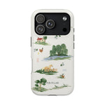 Willow iPhone case featuring a countryside scene with trees, animals, and a house on a light background.