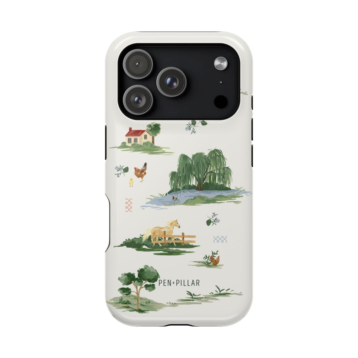 Willow iPhone case featuring a countryside scene with trees, animals, and a house on a light background.