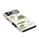 Willow iPhone case featuring a nature-themed design with illustrations of animals and landscapes on a white background.